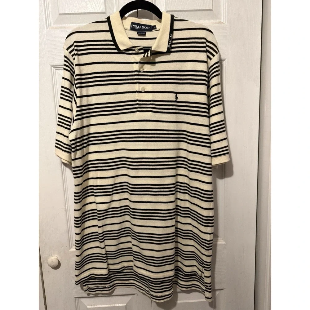 Vintage Polo Golf Ralph Lauren Mens L Cream Black Striped Cotton Polo Shirt